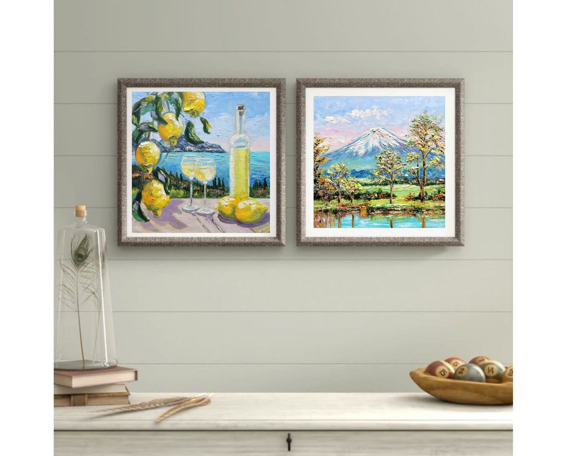 レモンリキュールの絵画：オリジナルインパスト油彩静物画、イタリア