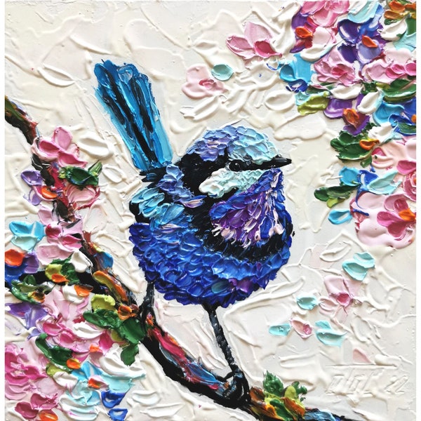 Small Bird painting Blue Dachis Bird Original Art Animal Impasto oil painting Floral branch Artwork Small painting 6-6" (15-15cm)  Tolstykh