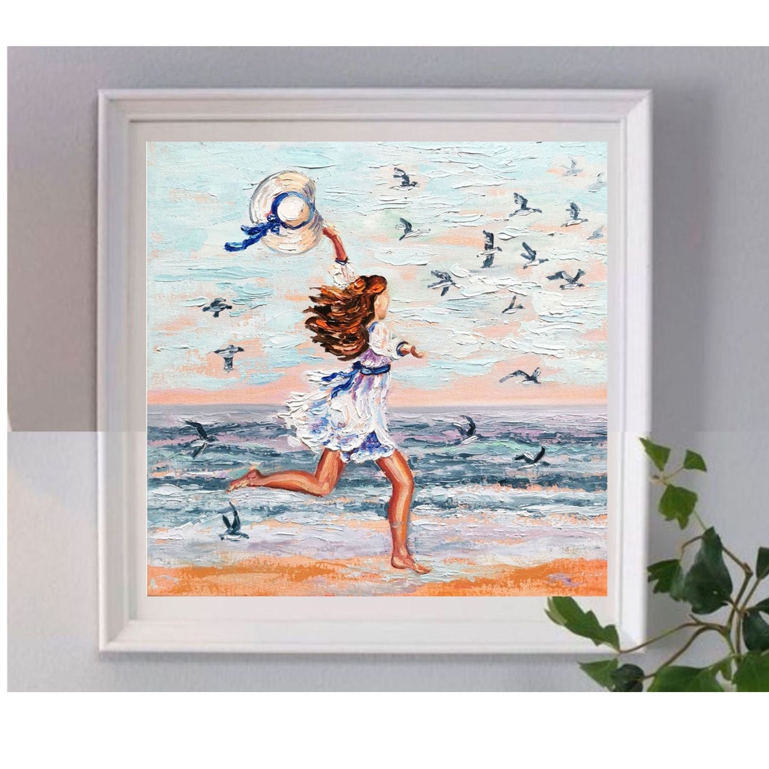 Girl Beach Oil Painting on Canvas Seagulls Original Art Florida Coast ...
