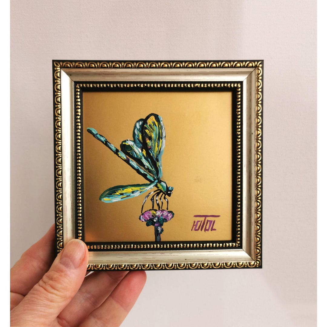 Dragonfly Oil Painting With Gold Framed Original Art Insect Gold ...