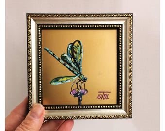Dragonfly Oil Painting With Gold Framed Original Art Insect Gold background Animal Miniature Impasto oil Painting Small Artwork 4-4"