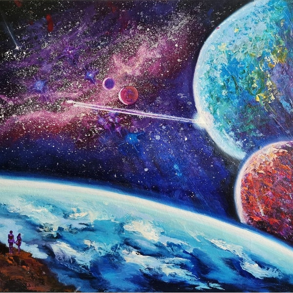 Espace galaxie peinture originale voie lactée toile art nébuleuse étoile peinture à l'huile ciel nocturne art mural couple romantique peinture 16 par 20 pouces