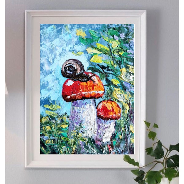 Champignons rouges, peinture escargot, art original, paysage forestier, empâtement, peinture à l'huile, cadeau personnalisé, petite oeuvre de 8 à 6 pouces