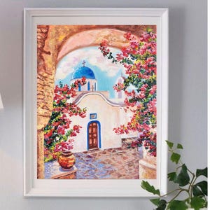 Church Painting on Canvas  Santorini Original Art Greece Landscape Wall Art Bougainvillea Artwork Impasto Oil Painting Oia 20-16" Tolstykh