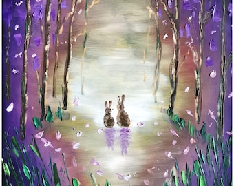 Christmas Bunnies Oil Painting: Impasto Magical Forest Landscape Art (10x10)