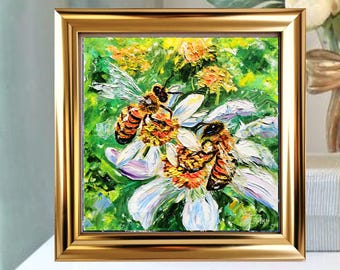 Bee Oil Painting: Gold Framed Floral Impasto Art, 10x10"
