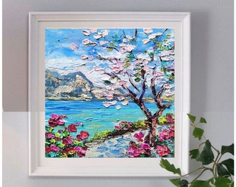 Positano Oil Painting: Amalfi Coast Seascape, Spring Tree Impasto Art (6x6)
