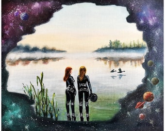 Girls Space Oil painting Canvas Original Art Sanrise Lake Landscape Star sky oil painting Galaxy Wall art Astronaut Women Art 16-20