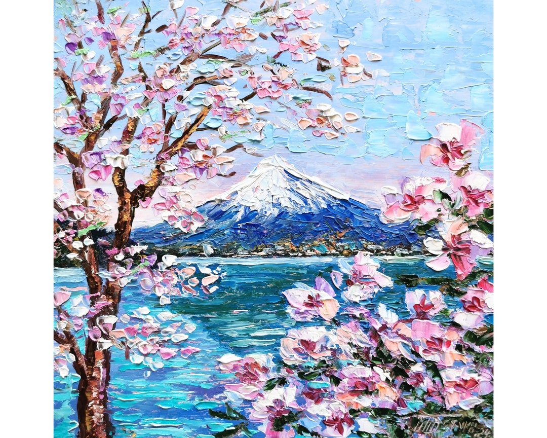 Mount Fuji Painting Sakura Flowers Original Art Japanese