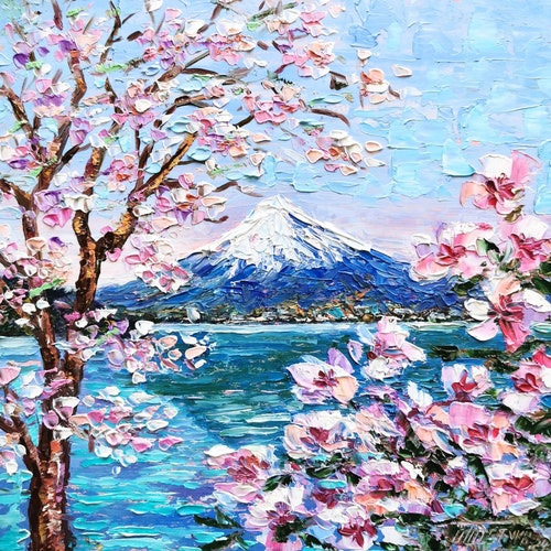 Mount Fuji Oil Painting: Sakura Blossoms, Japanese Landscape Art