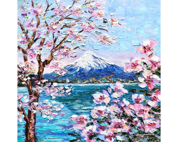 Mount Fuji Oil Painting: Sakura Blossoms, Japanese Landscape Art