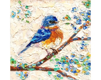 Blue Bird Painting Impasto Original Art Animal Wall  Art Blossom Cherry Artwork Floral  Small  6 by 6 Impasto oil Painting