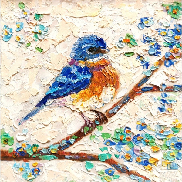 Oiseau bleu empâtement peinture art mural animalier fleur de cerisier oeuvre d'art florale petite 6 par 6 empâtement peinture à l'huile