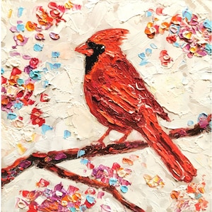 Red Cardinal Painting Impasto Bird Original Art Animal Wall  Art Blossom Cherry Artwork Floral  Small  6 by 6 Impasto oil Painting  Tolstykn