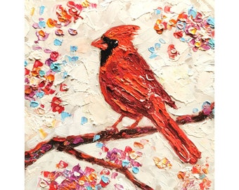 Red Cardinal Painting Impasto Bird Original Art Animal Wall  Art Blossom Cherry Artwork Floral  Small  6 by 6 Impasto oil Painting  Tolstykn