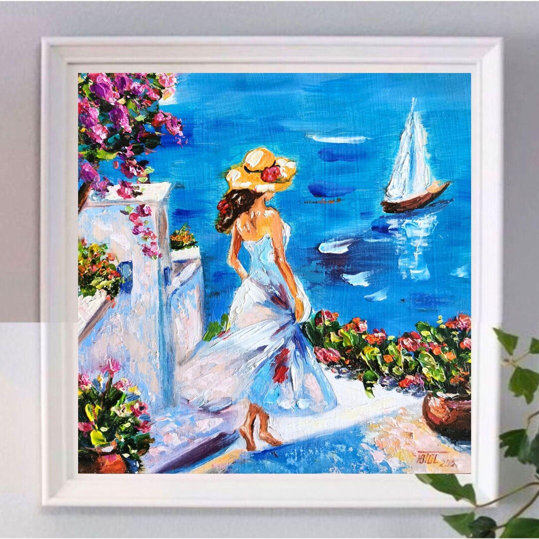 Girl Beach Oil Painting Original Art Greek Coast Wall Art Women Impasto ...