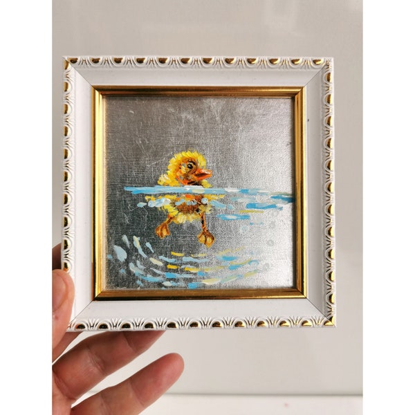 Duckling oil Painting With Gold leaf Original Wall Art Cute Duck Мiniature With Gold Framed Animal Impasto oil Painting Small Artwork 4-4"