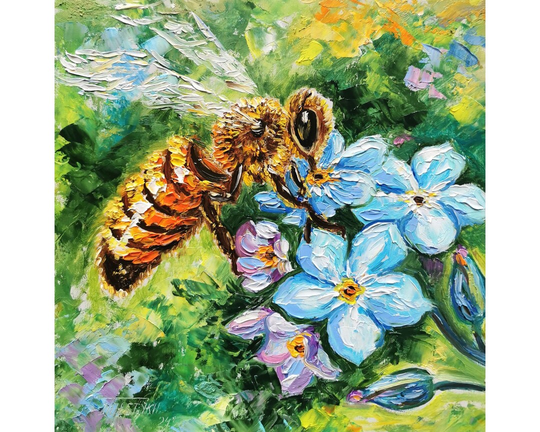 Bee Oil Painting Forget-me-nots Original Art Honey Bee Wall Art Animal ...