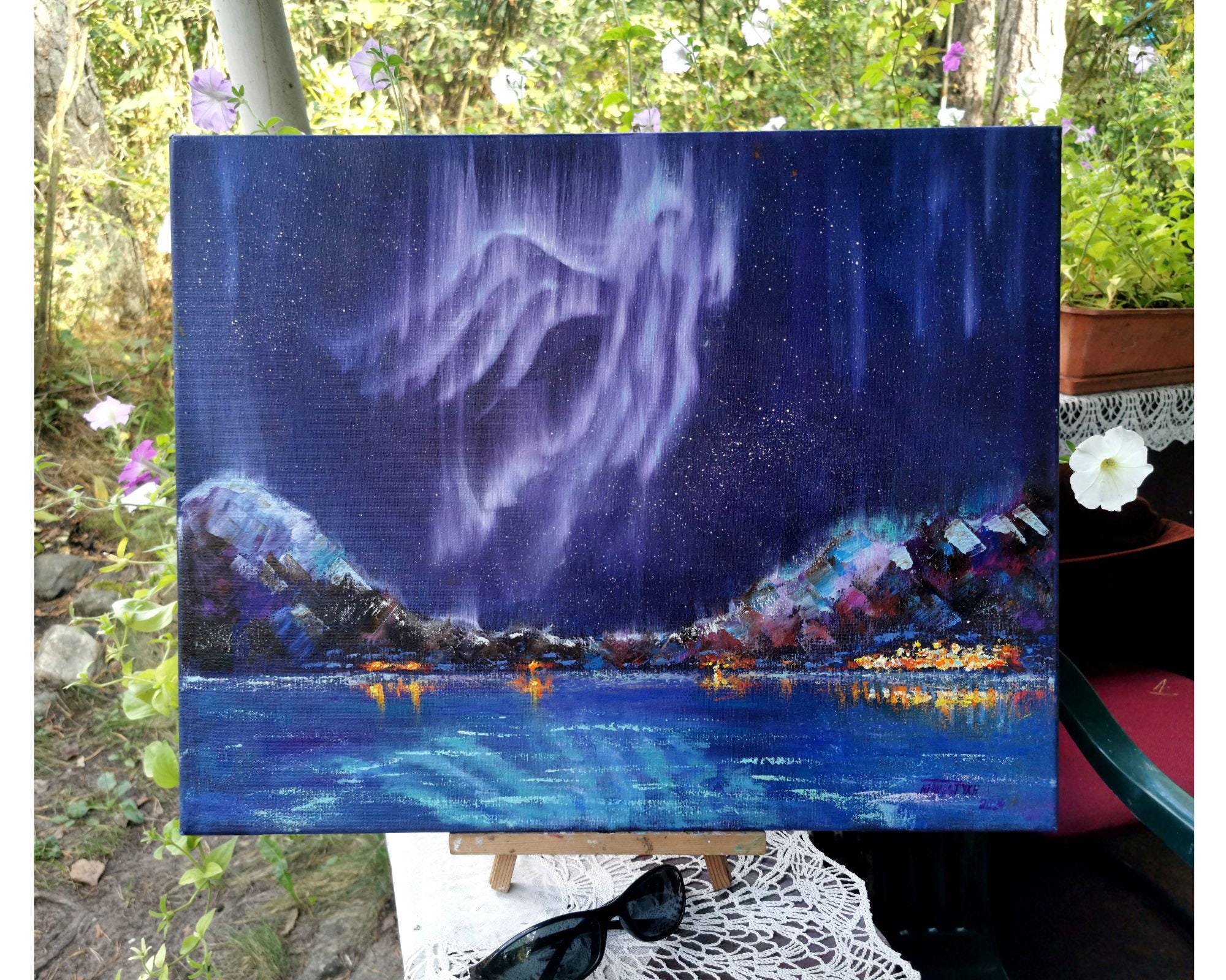 オーロラ油絵：ノルウェーの山の風景、オーロラアート（20x16インチ