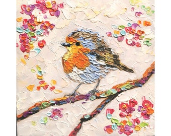 Robin Bird Painting Animal Original Art American Robin Artwork  Flowers Impasto Oil Painting Small 6 By 6 inches
