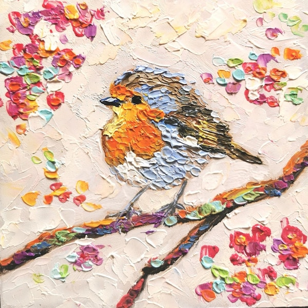 Robin Bird Painting Animal Original Art American Robin Artwork  Flowers Impasto Oil Painting Small 6 By 6 inches