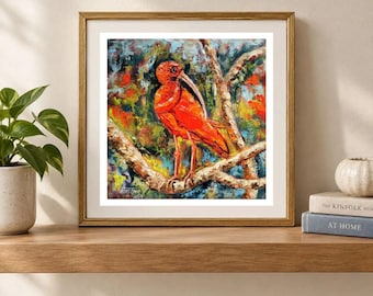 Red Ibis Painting Bird Original Art Swamp Landscape Impasto oil Textured Artwork 10-10"