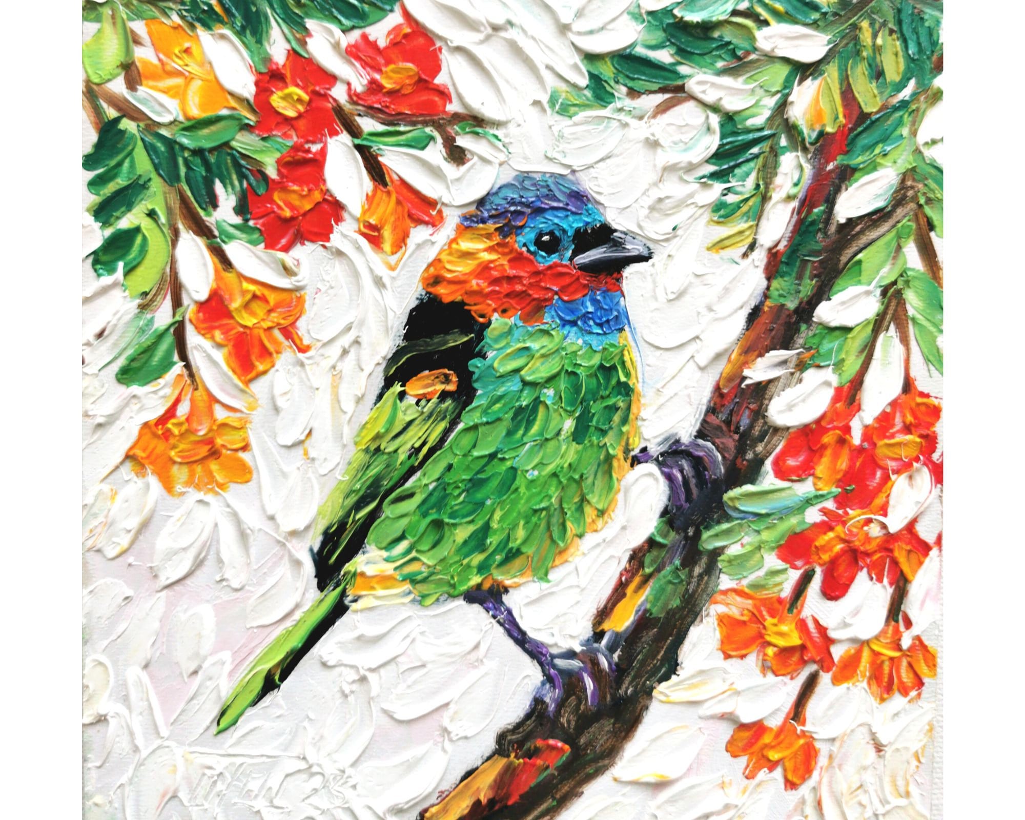 Tanager Bird Painting Blue Capped Bird Original Art Flowers branch Wall art Impasto Oil Painting Palette Knife Small Artwork 6-6" by Tolstyk