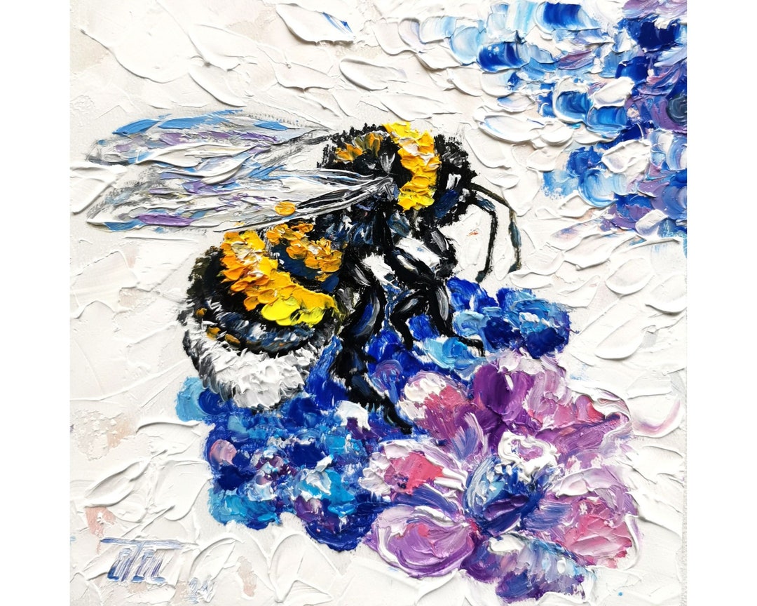 Honey Bee Painting Hydrangeas Original Art Bee Wall Art Animal Artwork ...