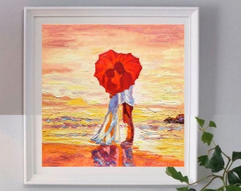 Amore coppia pittura a olio su tela Red Ambrela arte originale spiaggia tramonto Wall Art Impasto pittura a olio opera d'arte romantica 12-12 pollici