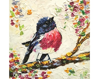 Pink Robin Painting Impasto Original Art Animal Wall Art Blossom Cherry Artwork Floral Small  Impasto Oil Painting Abstract Texture