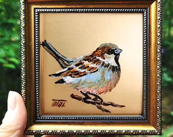 Gold Framed Sparrow Painting: Miniature Bird Impasto Oil Art