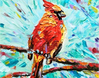 Cardinal Oil Painting: Impasto Bird Art, Small Animal Artwork (6x6")