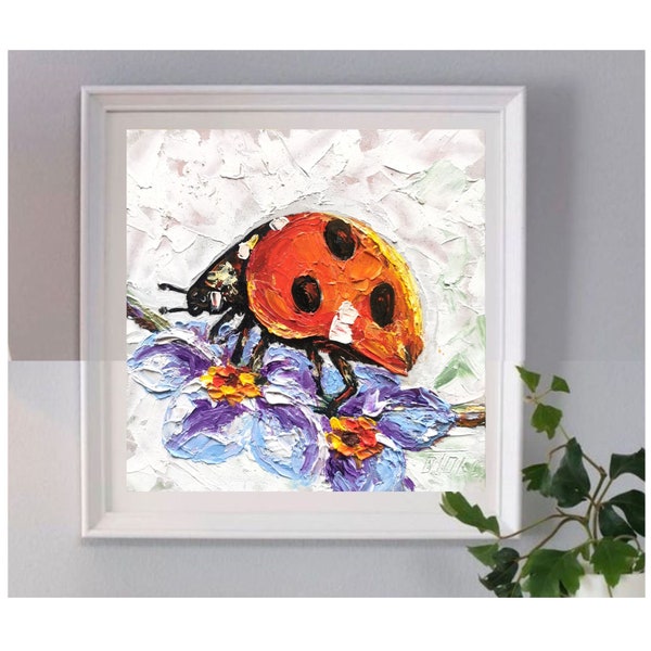 Ladybird painting Apple Flowers Original Art Insects Hand Painted Wall Art Ladybug Impasto Oil Painting Animal  Small Artwork 6 by 6 inches