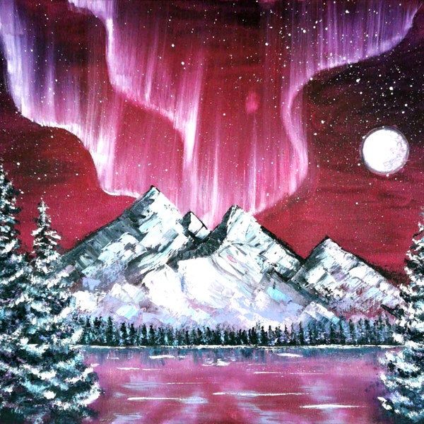 Northern Lights Oil Painting on Canvas Fir trees Original Art Aurora Borealis Wall Art Norway Landscape Mountain Artwork 20-16"
