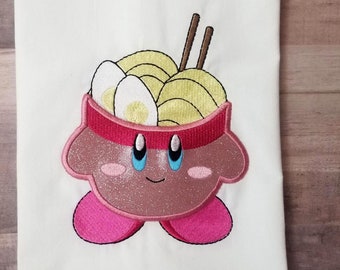 Pink Puff Ball Ramen Bowl Tea Towel, Kitchen Gift, embroidered towel, whimsical towel, Ramen Towel, Video Game Towel, Gift for Gamer,