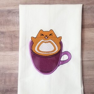 Cat-puccino Tea Towel, Coffee Embroidery, Kitchen Gift, Gift for cat lovers, embroidered towel, whimsical towel, Cappuccino Towel, cat towel