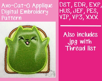 Avo-Cat-o Toast 4x4" Applique Embroidery Design, Digital Embroidery File, Gift for cat lovers, Machine embroidery pattern, Avocado
