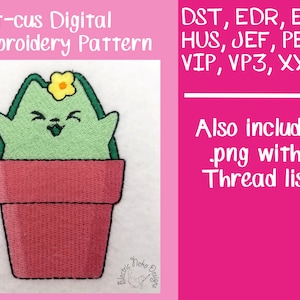Cat-cus, Cactus Embroidery design, Digital Embroidery File, Fill Embroidery, Gift for cat lovers, Machine embroidery pattern, 4x4 punny