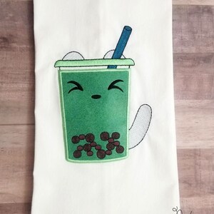 Boba Kitty Tea Towel, Boba Embroidery, Kitchen Gift, Gift for cat lovers, embroidered towel, whimsical towel, Boba Tea Towel, cat towel