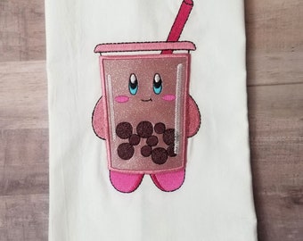 Pink Puff Ball Boba Tea Towel, Boba Embroidery, Kitchen Gift, Gift for gamers, embroidered towel, whimsical towel, Boba Tea Towel For her