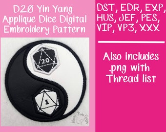 D20 Ying Yang Applique Dice , Dice Embroidery design, Digital Embroidery File, Applique Embroidery, Gift for gamer, embroidery pattern, 4x4