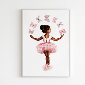 Black Ballerina With Butterflies, African American Ballet Dancer Print, Toddler Bedroom Wall Art, Melanin Wall Art, Little Ballerina Art