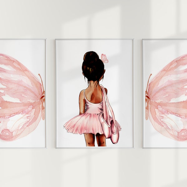 Set of 3 Ballerina Room Prints, Watercolour Butterfly Wall Art, Black Ballet Dancer, Split Butterfly, Ballerina Themed Nursery, DIGITAL