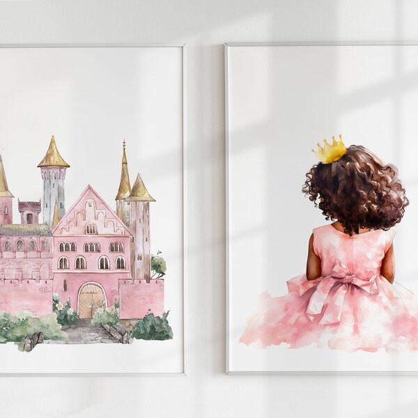 Ensemble de 2 impressions de pépinière de princesse, nom personnalisé princesse, aquarelle de château de princesse, décor de chambre d'enfant en bas âge, numérique