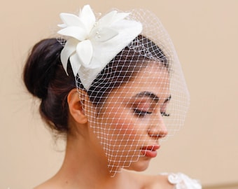 Innocency of Lily Handmade, Pill Box Bridal Fascinator,  Wedding Hat, Headpiece with veil,Easter Hat, Wedding