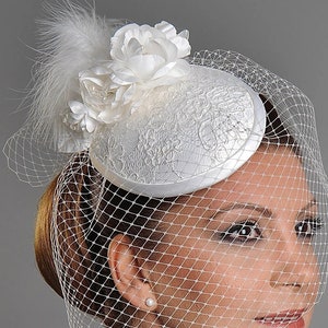 Clove Flower Pearl Ribbon  wit Feather Handmade Fascinator Pillbox Wedding Hat Bridal Hat Birdcage Veil