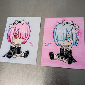Hand Drawn ReZero Rem and Ram Chibi Original Art Cards
