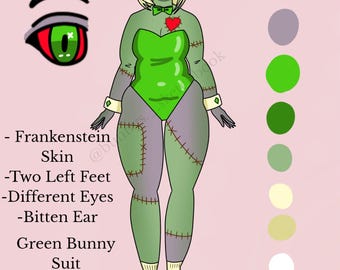 May include: A digital illustration of a green bunny costume character with stitched seams, two different coloured eyes, and a bitten ear. The character is wearing a green bunny suit with a red heart on the chest. The image includes a colour palette with various shades of green, brown, grey, white, and red.