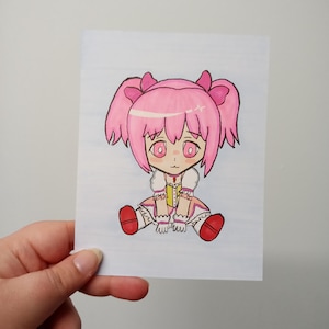 Cartão de arte original Madoka Magica Madoka Kaname Chibi desenhado à mão