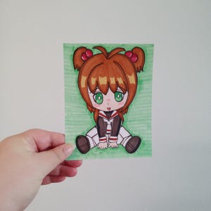 Cartão de arte original Chibi Sakura Sakura Kinomoto desenhado à mão